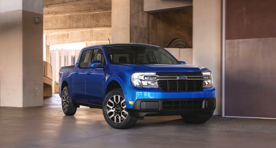 You drive a blue 2023 Ford Maverick pickup truck. 