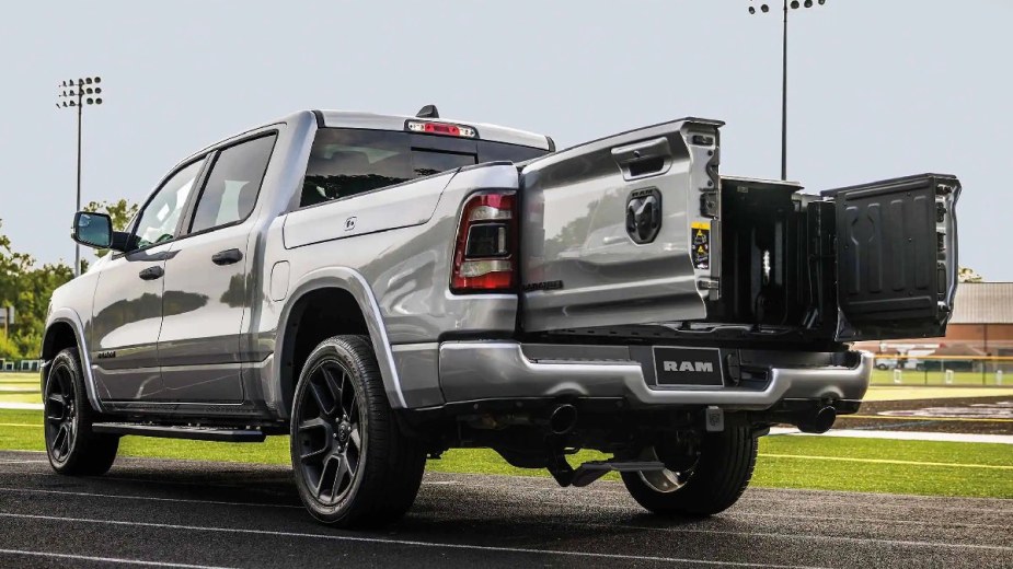 Tailgate Silver 2023 Ram 1500, Only New Full-Size Pickup Truck Recommended by Consumer Report in 2023