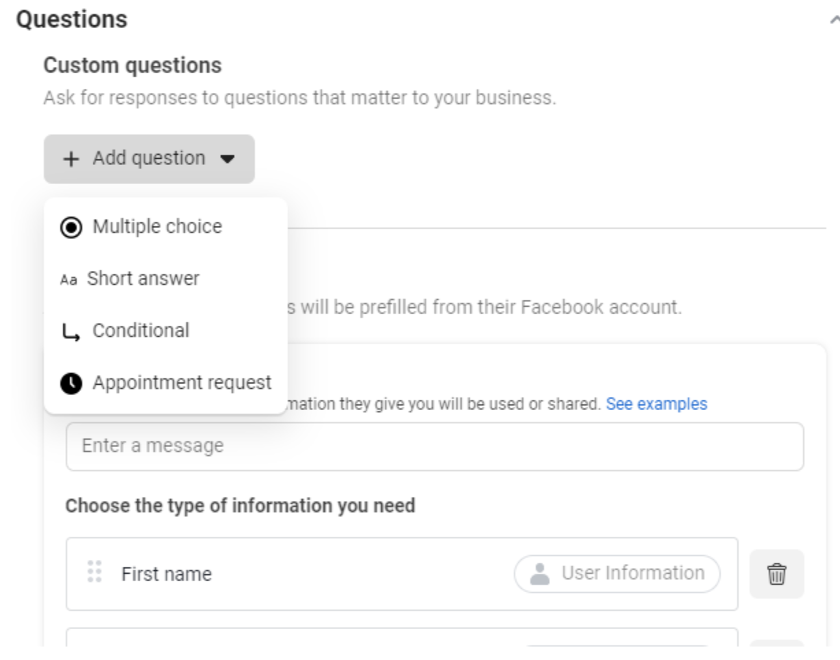 Custom questions on facebook lead generation forms