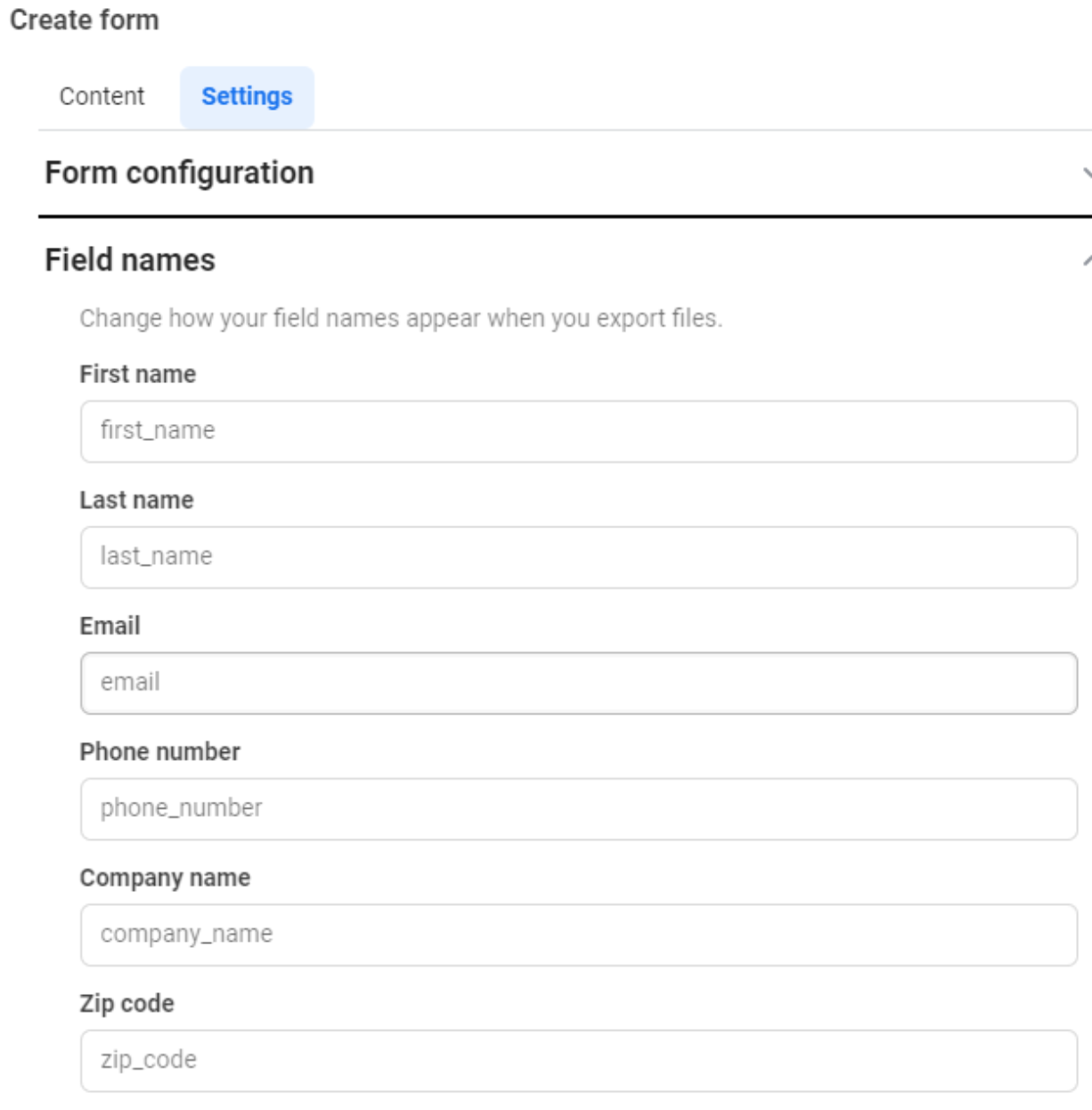 Form configuration on Facebook lead forms