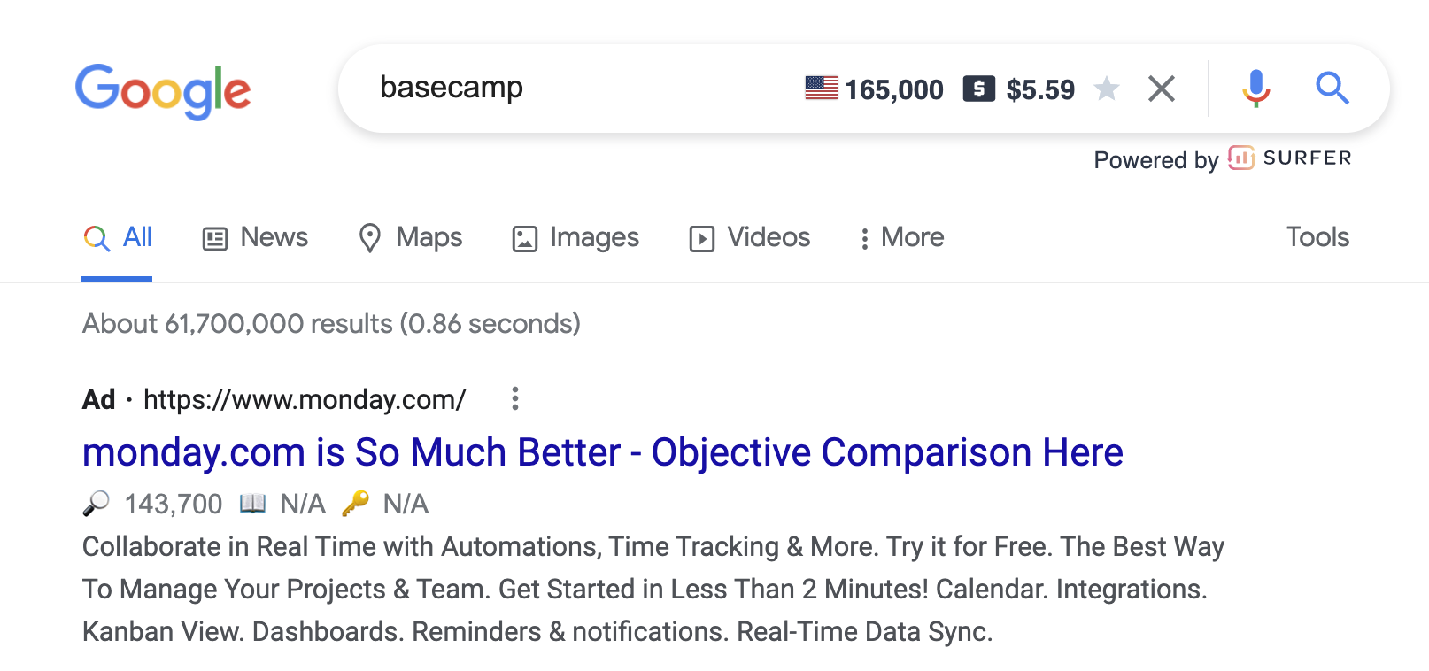 Monday vs base camp google ad.