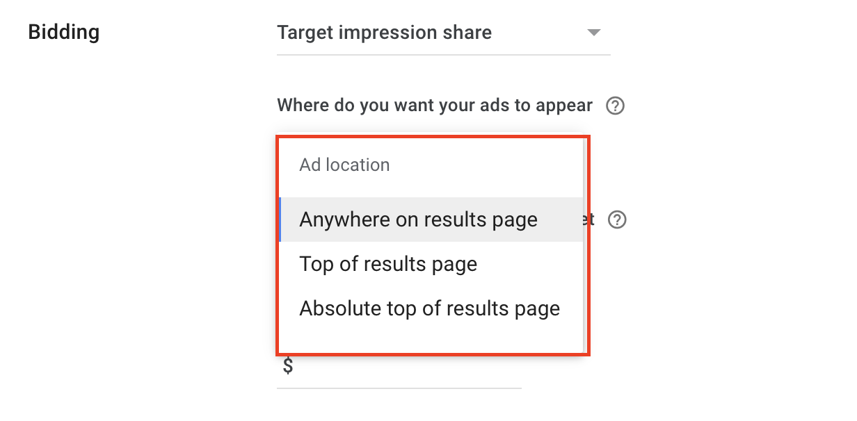 Target impression share options.