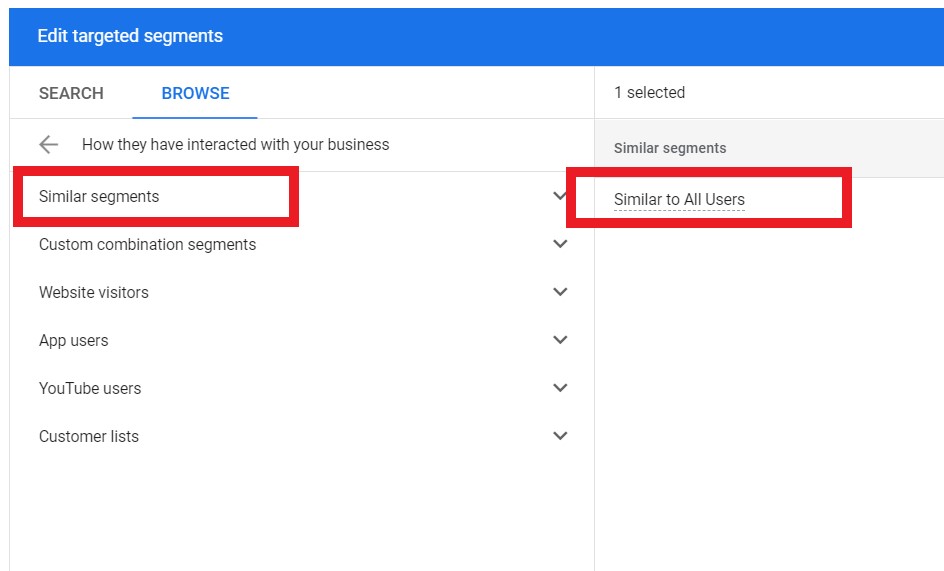 Google allows you to choose from similar remarketing audiences.