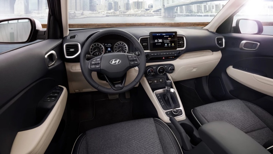 Dashboard and front seats in the 2023 Hyundai Venue, the cheapest new Hyundai car and the most affordable SUV in America