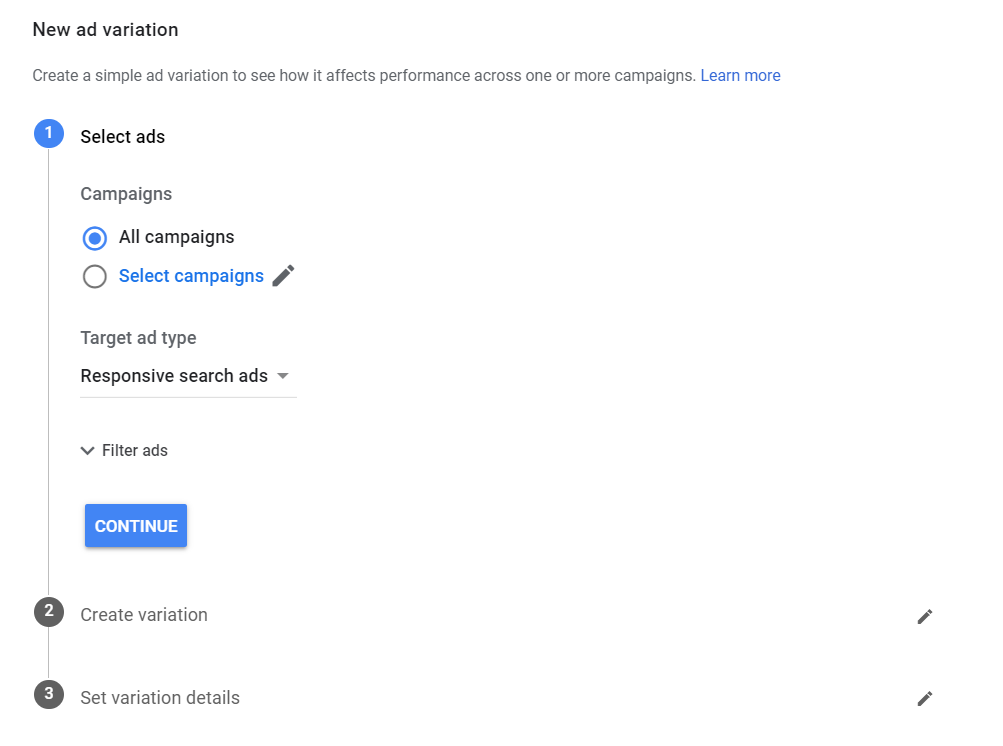 How to set up a text ad experience in Google Ads.