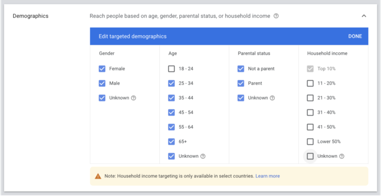 Identify high earners using Google Ads demographic targeting settings
