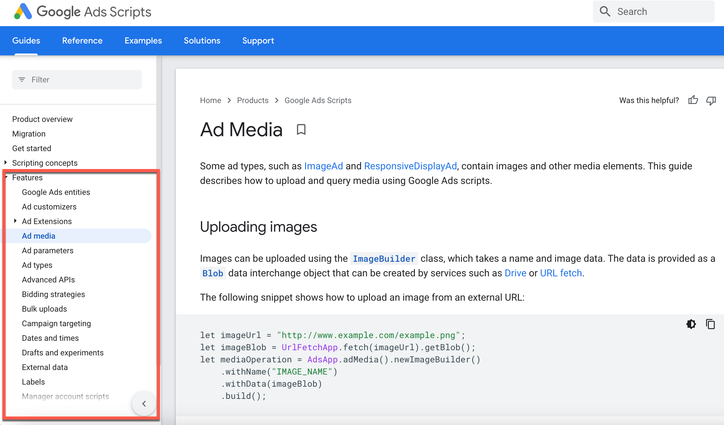 Features on the Google Ads Scripts page