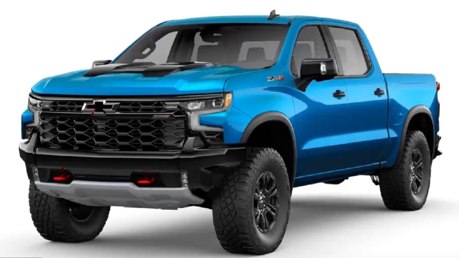 Front angle view of the new 2023 Chevy Silverado pickup truck with Glacier Blue Metallic exterior paint color
