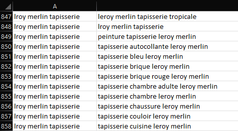 Excel sheet showing another example of grouping semantic keywords in French