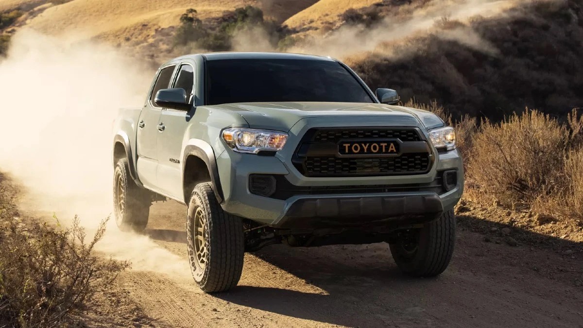Front corner view of the 2023 Toyota Tacoma midsize pickup truck in gray