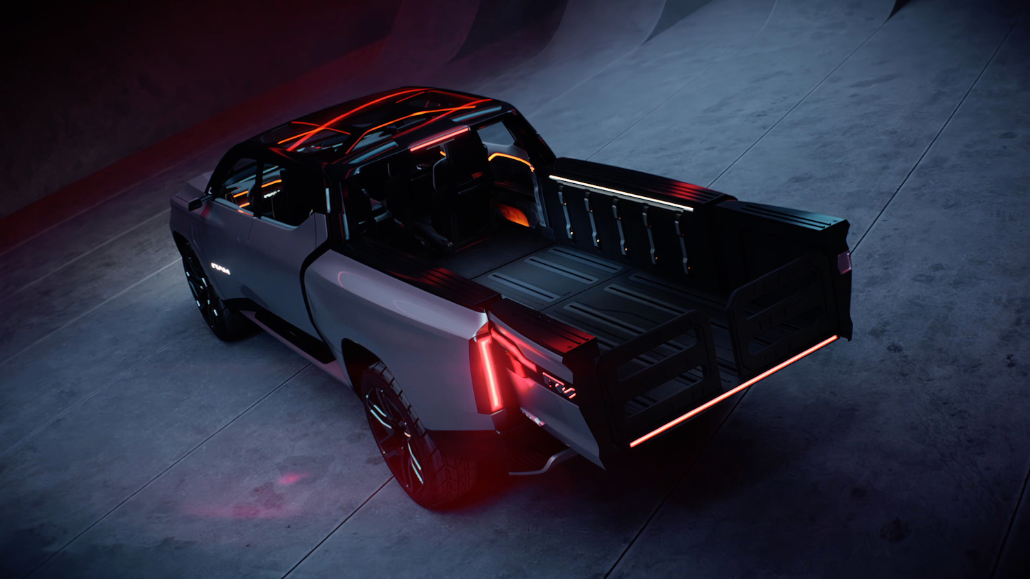 The bed and rear seats of the Ram Revolution electric truck concept.