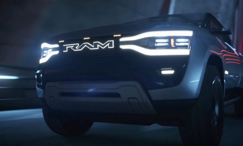 Closeup of the grille of the new Ram Revolution concept EV.