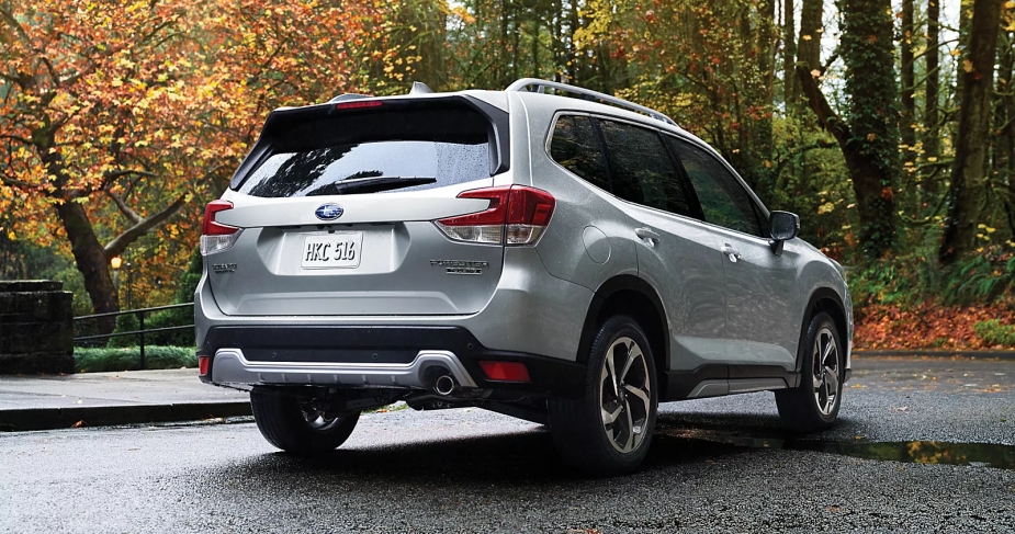 The rear of a gray 2023 Subaru Forester.