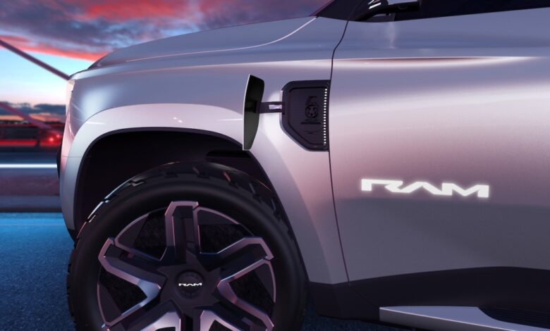 Closeup of the charging door and Ram badge on a revolution concept truck.