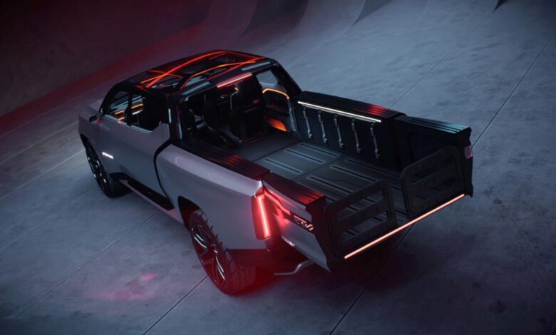 The bed of the Ram Revolution 1500 pickup truck, which combined with the cab can haul a telephone pole.