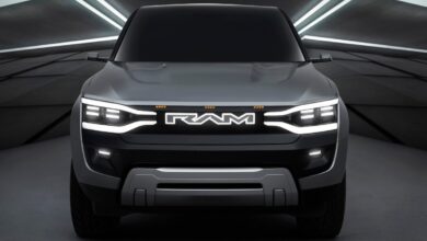 Ram logo in the grille of a 1500 Revolution electric vehicle concept.