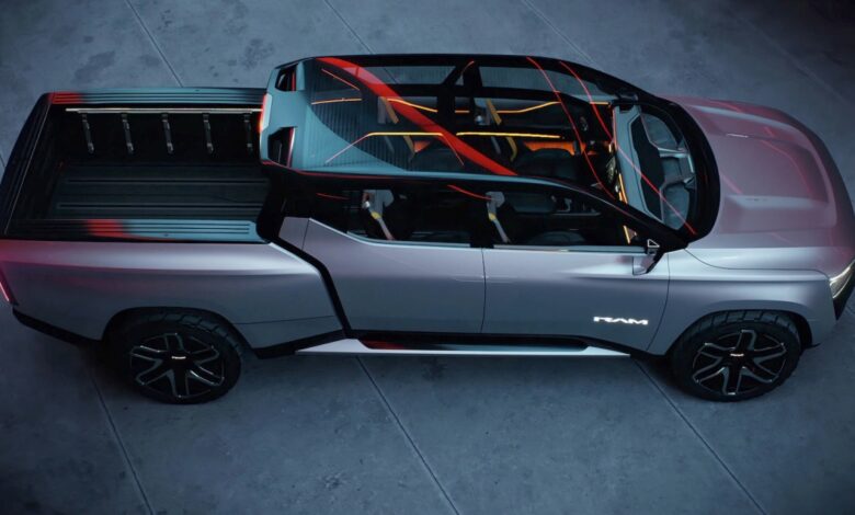 Birds-eye view of the Ram 1500 Revolution electric pickup concept with its glass roof and full-size truck bed.