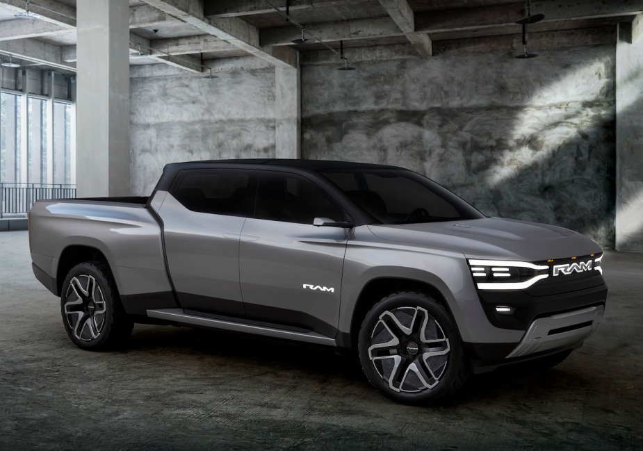 Introducing the silver Ram 1500 Revolution electric truck concept.