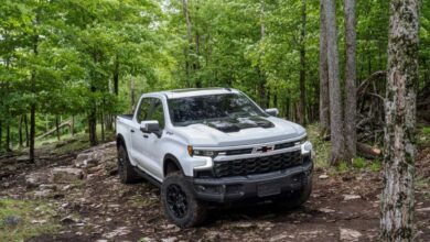 2023 Chevrolet Chevy Silverado ZR2 Bison full-size off-road pickup truck model driving over rocks in a forest