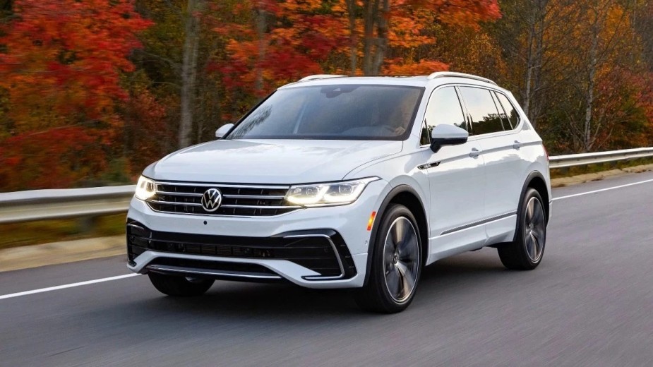 Front angled view of white 2023 VW Tiguan crossover SUV