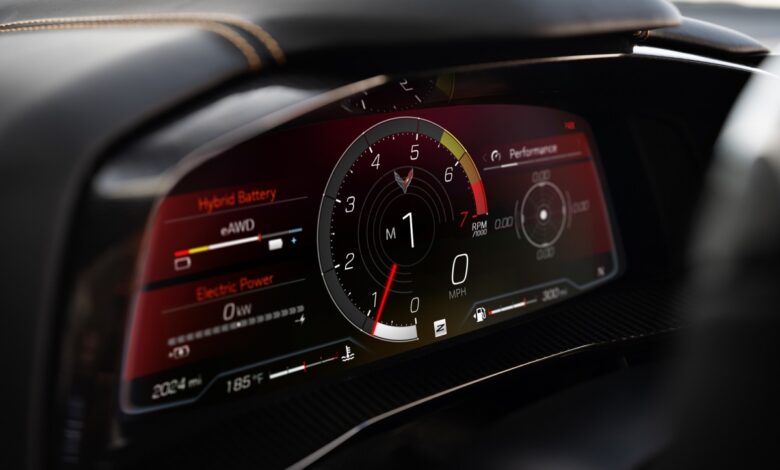 The 2024 Chevrolet Corvette E-Ray interior shows a digital display with access to driver modes.