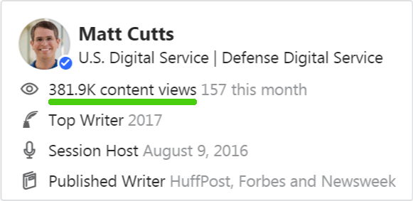 Screenshot of former Google's Quora profile Matt Cutts showing over 381,000 views of his content