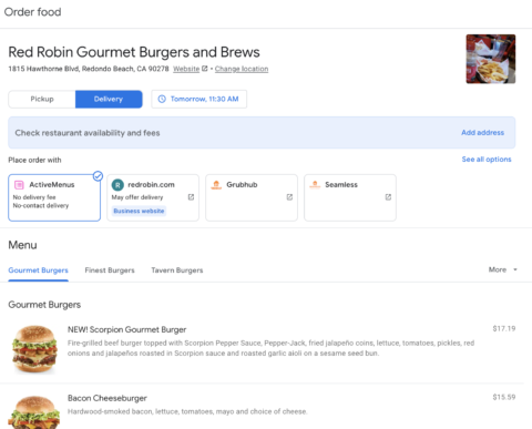 Delivery options for the Google Business Profile