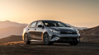 A new Kia Forte shows off its aggressive styling for a cheap car, which is much more aggressive than the 2022 Kia Rio.