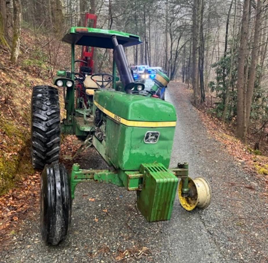 A John Deere farm tractor is stolen with a missing tire after cops chase it