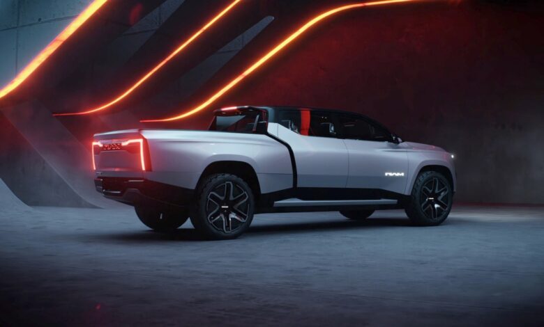 A promo render of the 2024 Ram 1500 Revolution electric pickup truck which may offer much more ground clearance than the current 2500 Power Wagon