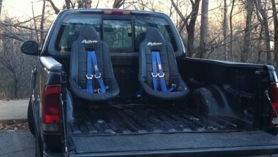 This pickup truck has been modified with BedRyder jump seats and seat belts to transport passengers in its bed, legally.