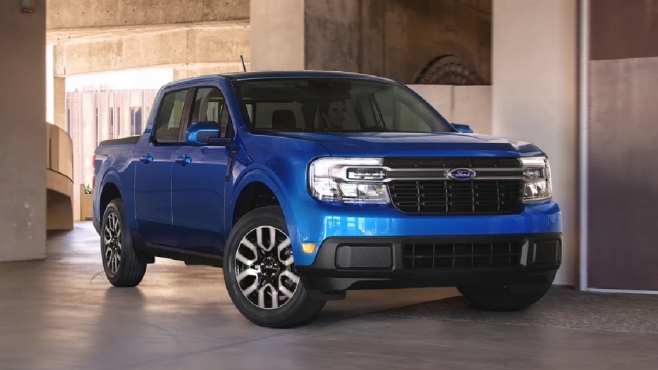 Front corner view of the 2023 Ford Maverick compact pickup truck