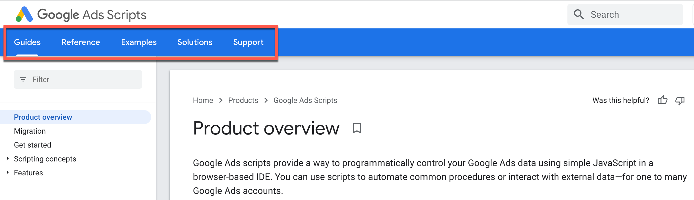 Sections in Google Ads script pages