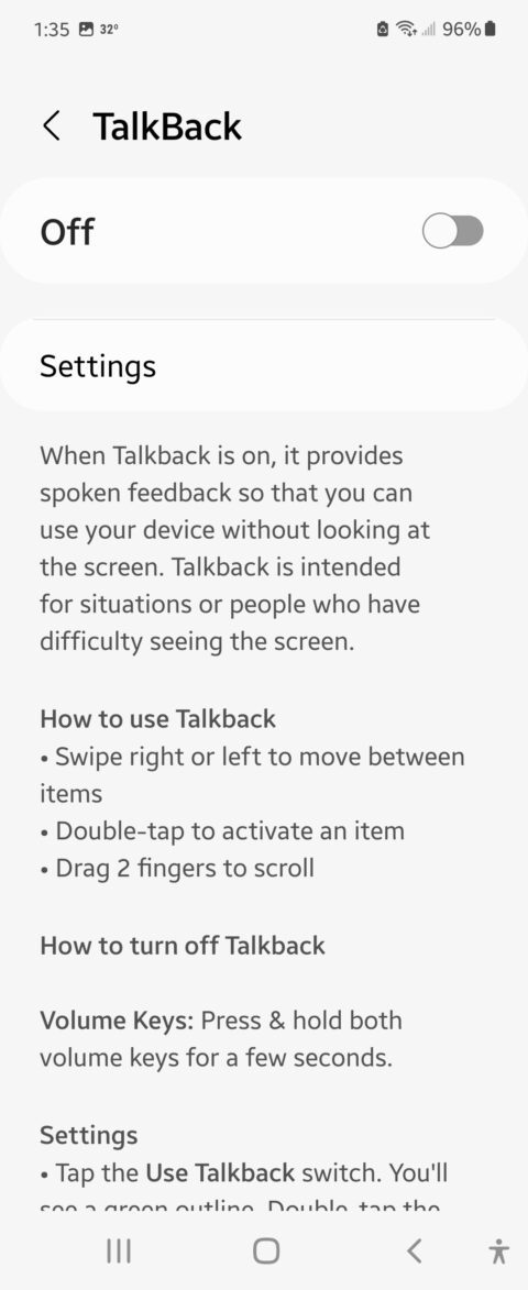 Android Talkback setup instructions from a mobile device.