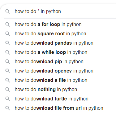 Screenshot of the autocomplete list of Python questions: How to do *in Python, with *it being populated with various suggestions