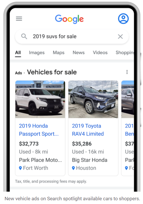 Example of vehicle search ads on Google.