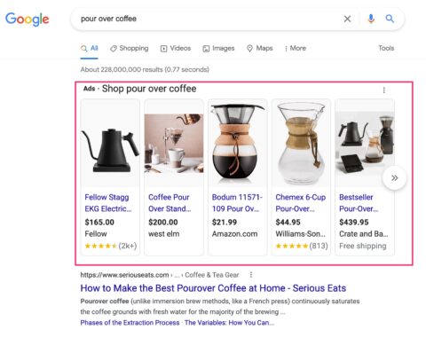 Google's pour-over coffee search results page showing shopping ads