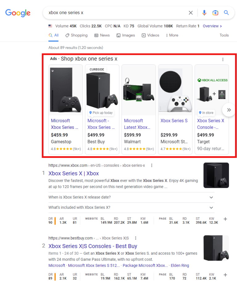 Google search result for xbox