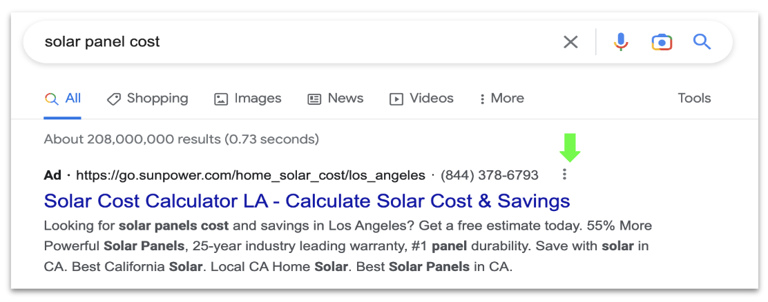 Google SERPs for the cost of solar panels