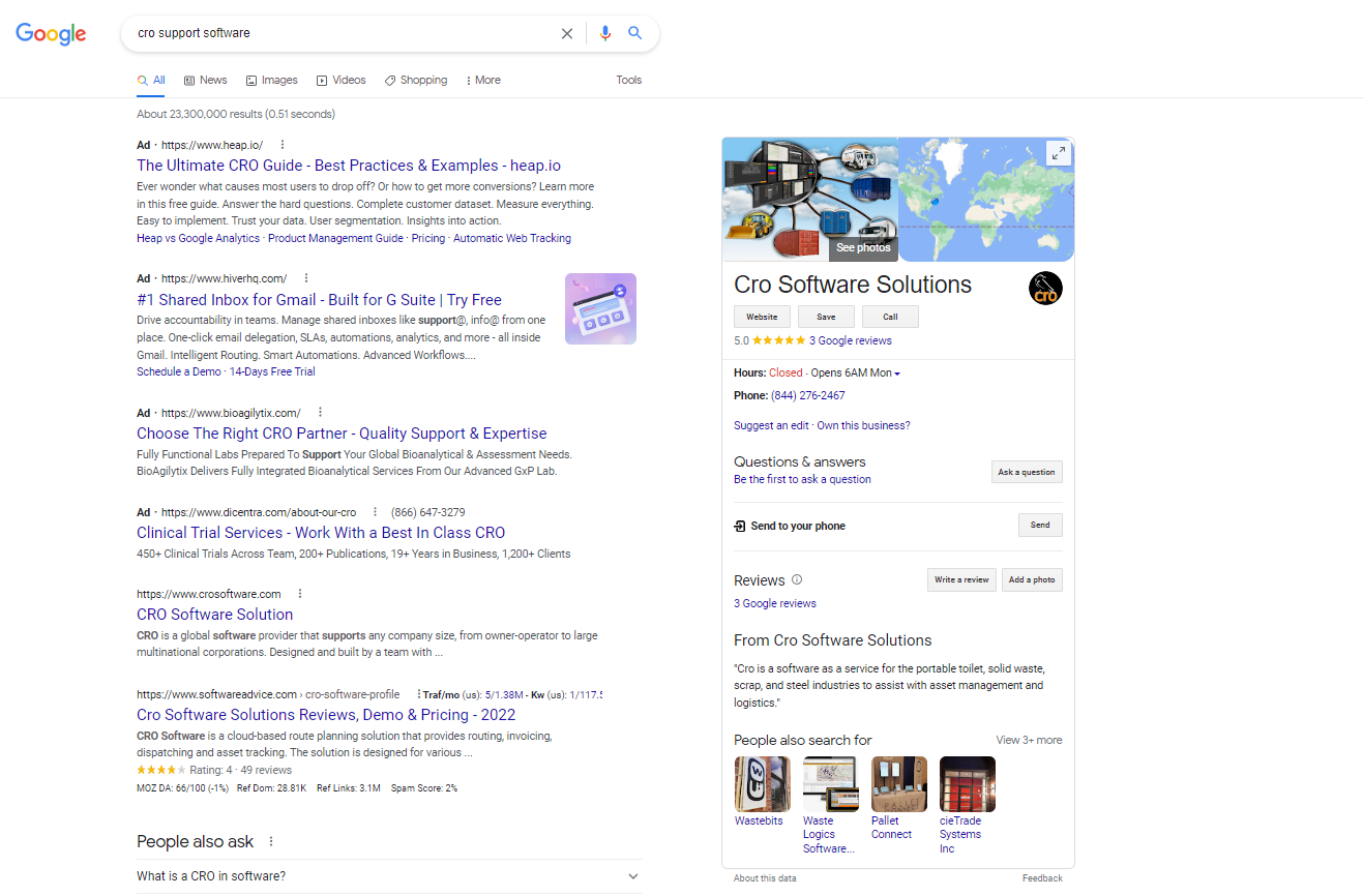 The SERP shows the results of CRO support programs