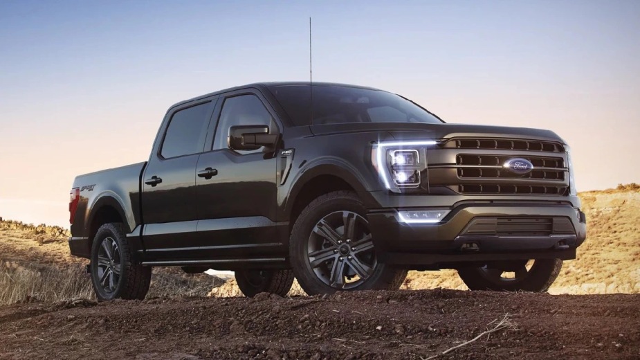 Front angle view of a black 2023 Ford F-150 pickup truck