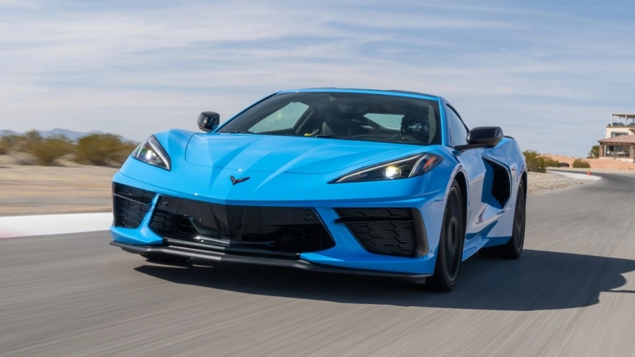 Front view of a blue 2023 Chevy Corvette Sport utility vehicle, showing the most common problems reported by real owners