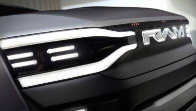 Closeup of the grille and badging of the Ram Revolution electric concept truck which might preview the new TRX.