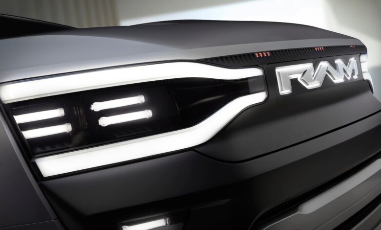 Closeup of the grille and badging of the Ram Revolution electric concept truck which might preview the new TRX.