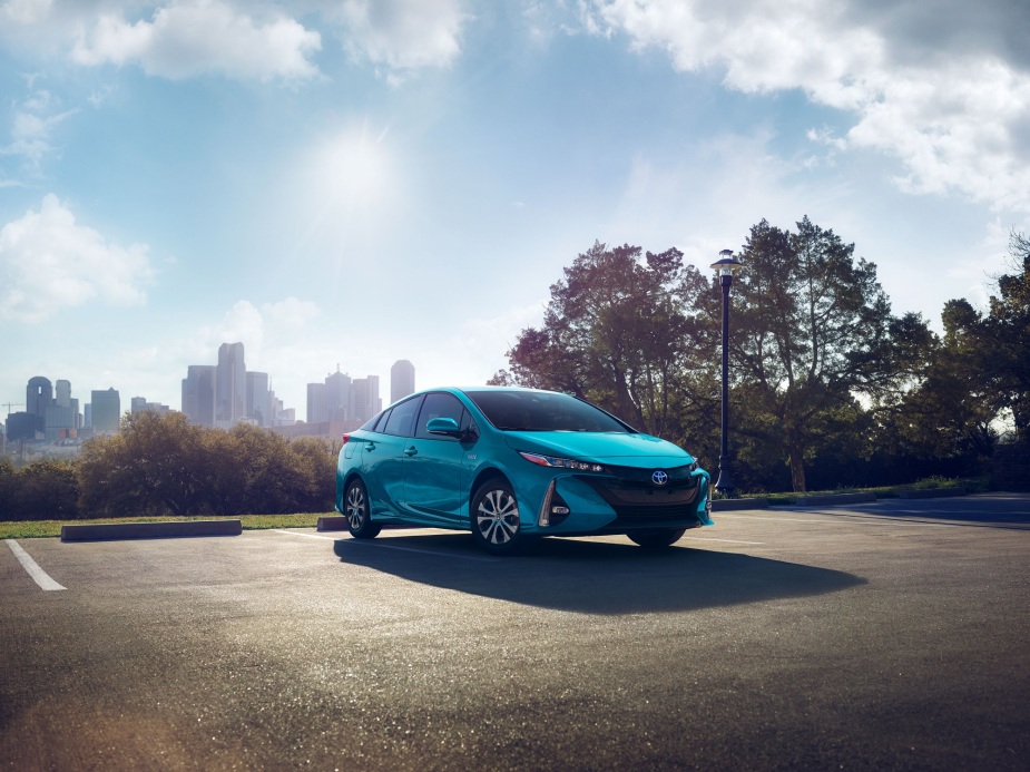 The Toyota Prius Prime stands tall in a compact car spot while showing off hatchback styling and functionality. 