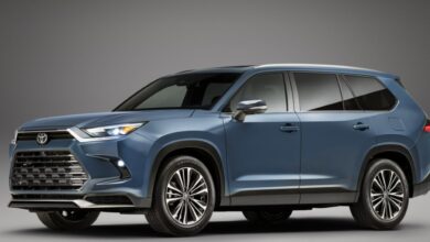 A blue 2024 Toyota Grand Highlander midsize three-row SUV is parked.