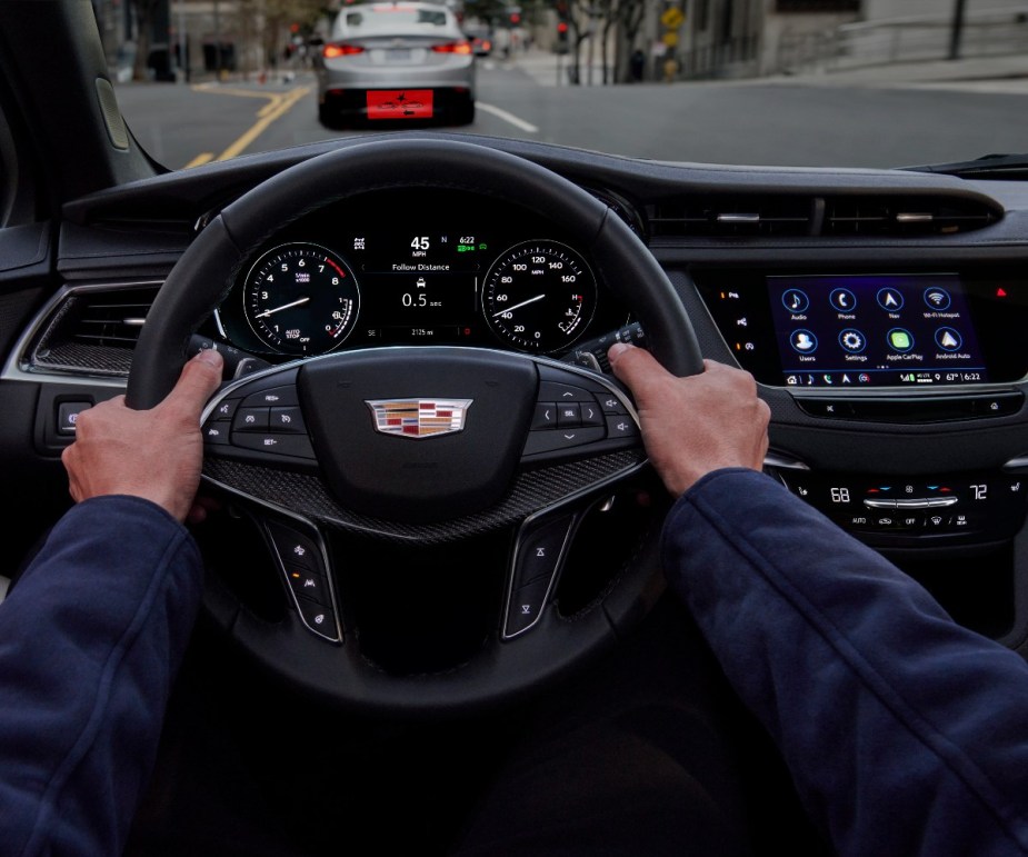 Steering wheel in 2023 Cadillac XT5 luxury SUV, Consumer Reports' only recommended new Cadillac model in 2023