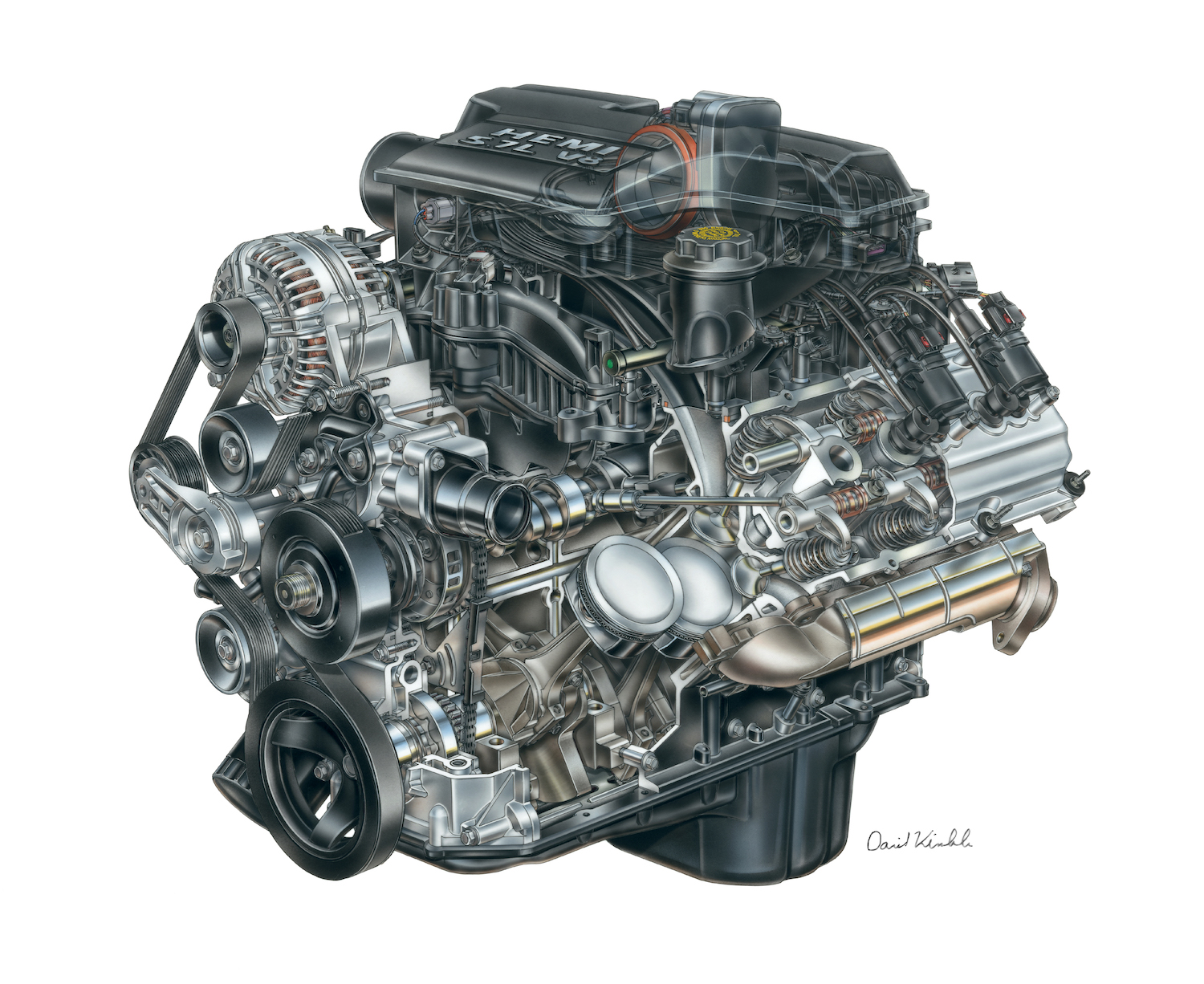 Hand-drawn cutout of the 5.7-liter Hemi V8 engine from a Ram truck published by Dodge & Stilants.