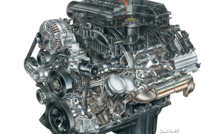 Hand-drawn cutaway of a 5.7-liter Hemi V8 engine from a Ram truck published by Dodge and Stellantis.