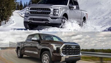 The 2023 Ford F-150 in the snow and the 2023 Toyota Tundra on the road
